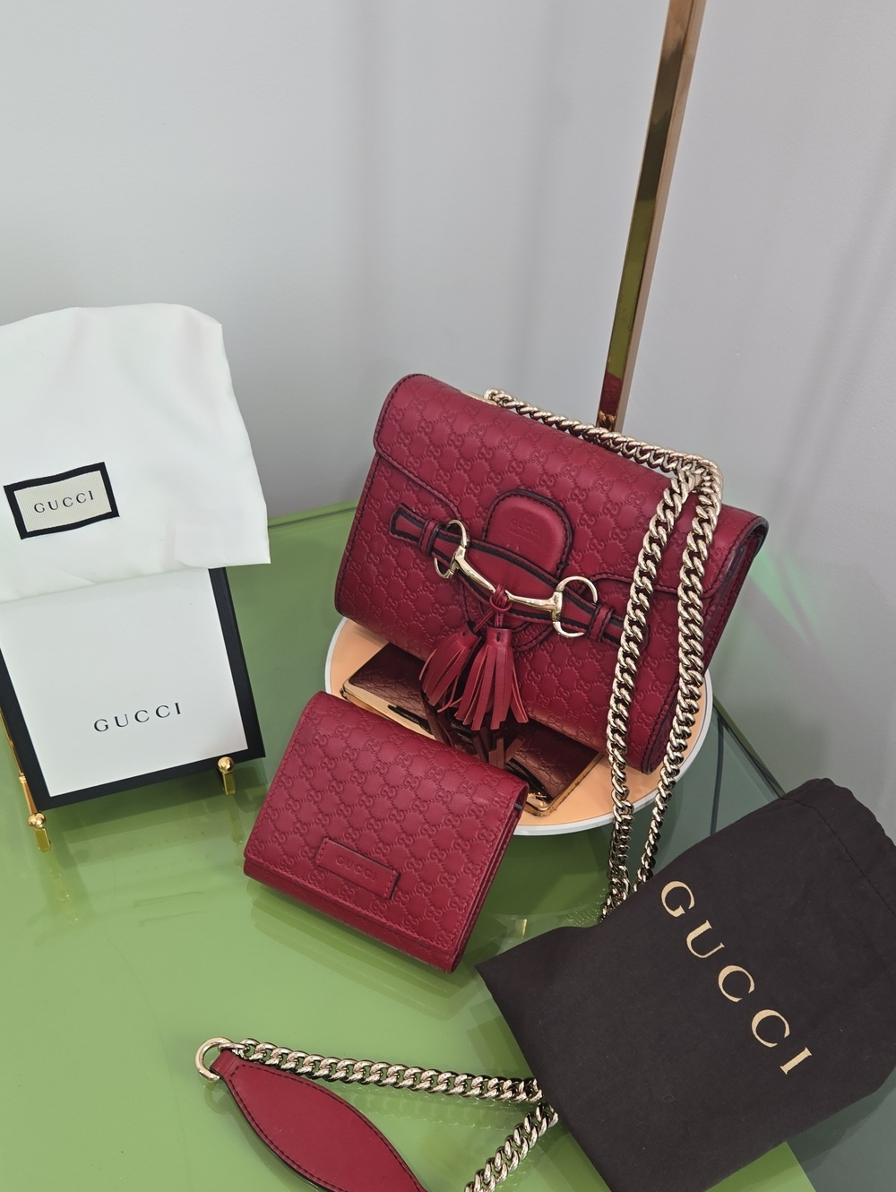Gucci Guccisima Burgundy Red Mini Shoulder Bag with Tassel and Wallet - Picture 3 of 17